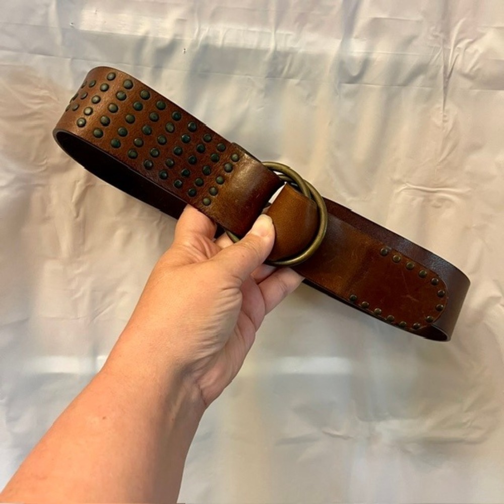Vintage Garuglieri Italy Brown Leather Studded Wide Belt Double O-Ring Sz L Boho
